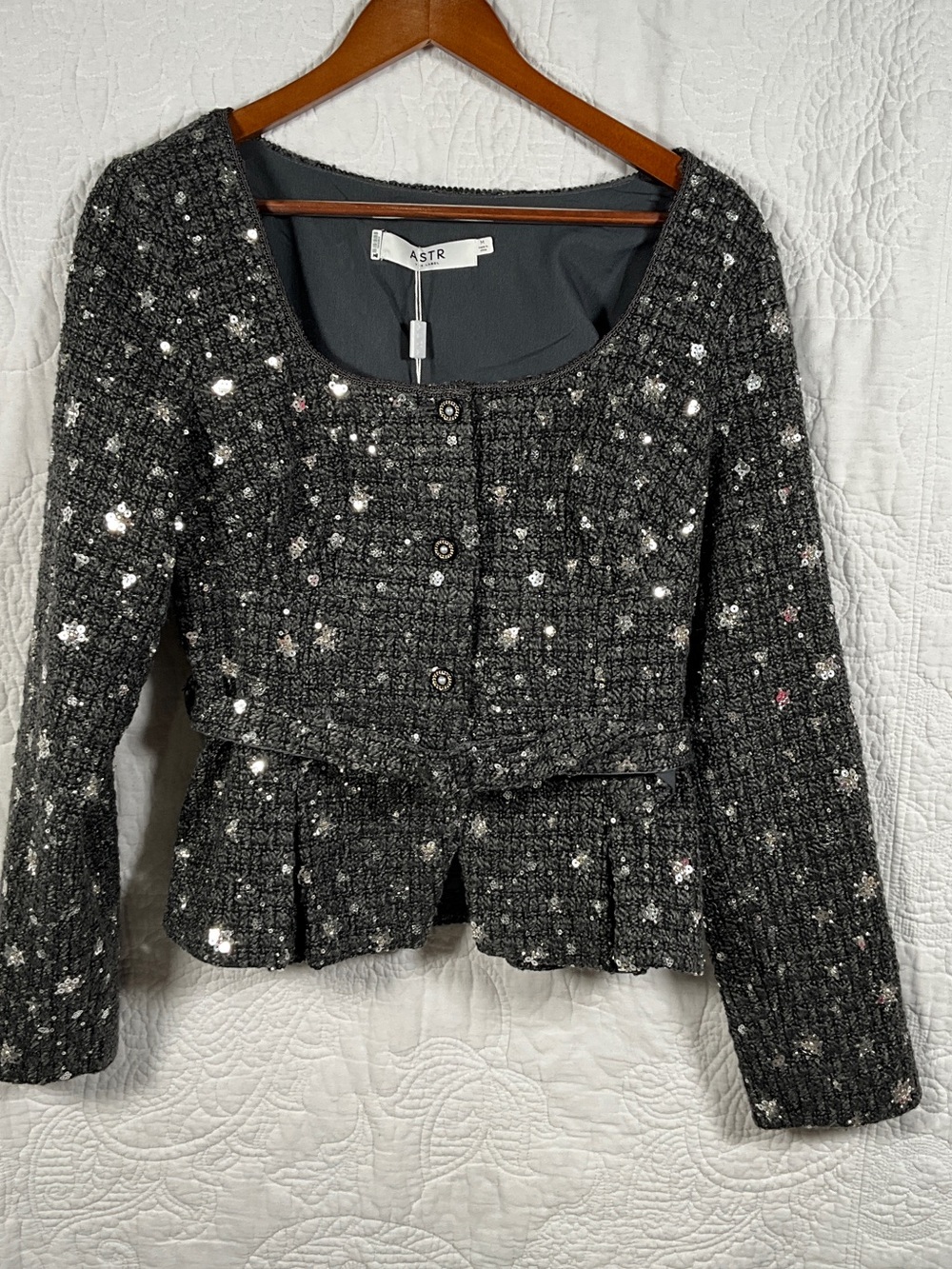 ASTR Black Sequin Tweed Peplum Blazer